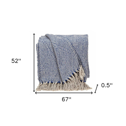 Blue and Beige Woven Handloom Throw with Tassels HomeRoots