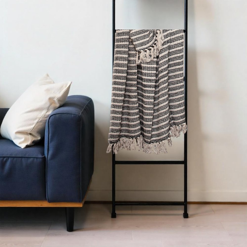 Black and Beige Striped Woven Handloom Throw Blanket HomeRoots