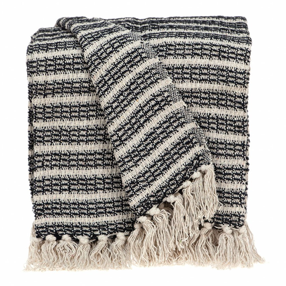 Black and Beige Striped Woven Handloom Throw Blanket — view 1