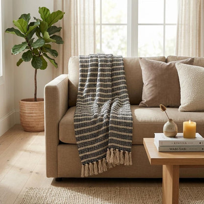Black and Beige Striped Woven Handloom Throw Blanket HomeRoots