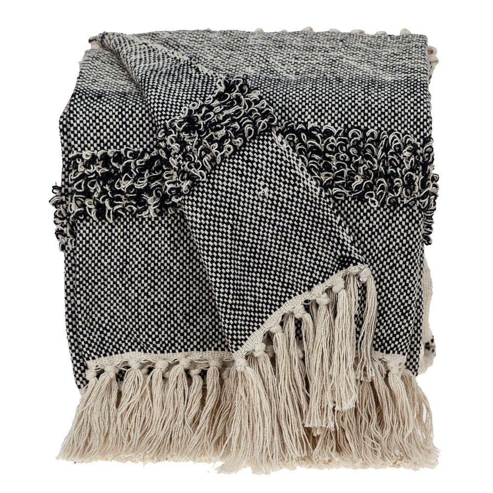 Boho Beige and Black Handloom Weave Throw with Decorative Tassels HomeRoots