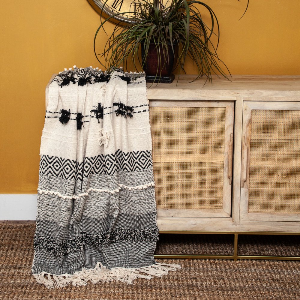Boho Beige and Black Handloom Weave Throw with Decorative Tassels HomeRoots