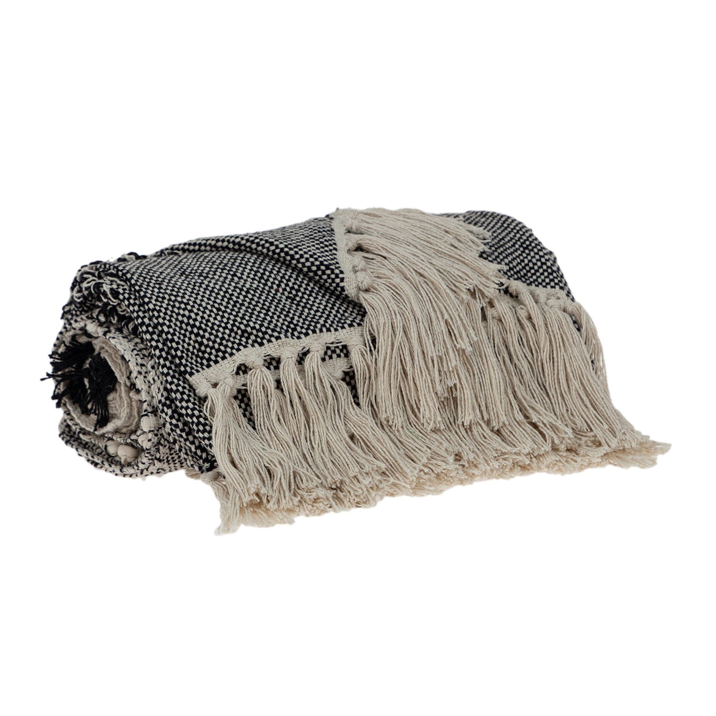 Boho Beige and Black Handloom Weave Throw with Decorative Tassels