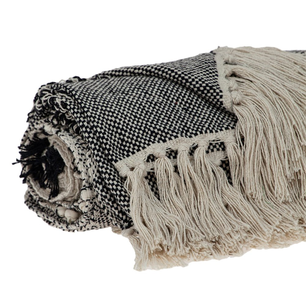 Boho Beige and Black Handloom Weave Throw with Decorative Tassels HomeRoots