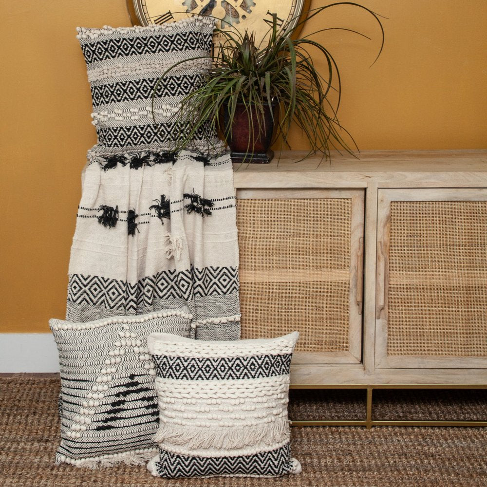 Boho Beige and Black Handloom Weave Throw with Decorative Tassels HomeRoots
