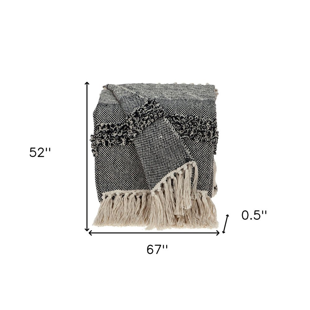 Boho Beige and Black Handloom Weave Throw with Decorative Tassels HomeRoots