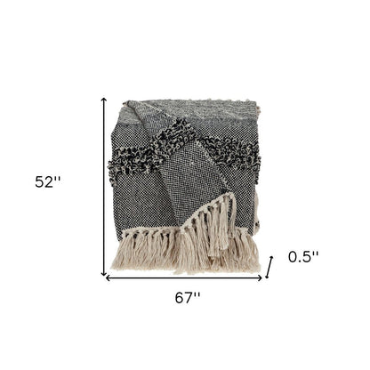 Boho Beige and Black Handloom Weave Throw with Decorative Tassels HomeRoots