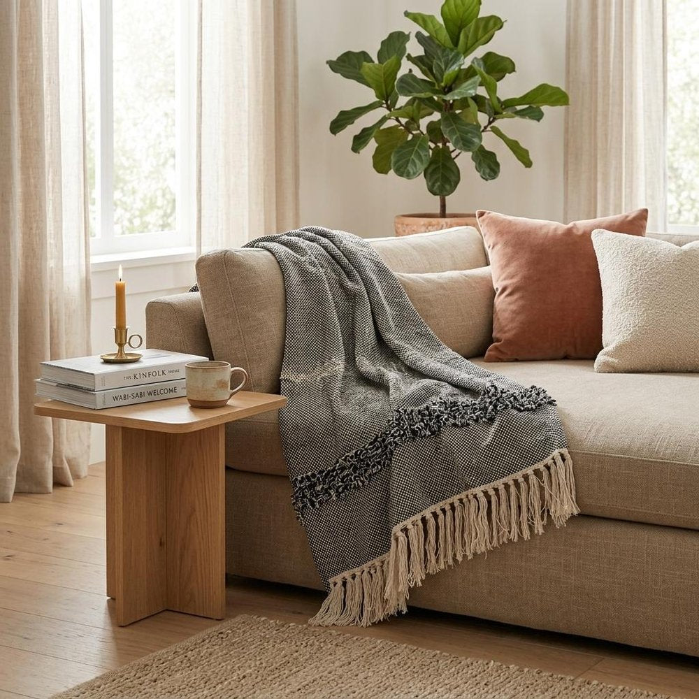 Boho Beige and Black Handloom Weave Throw with Decorative Tassels HomeRoots