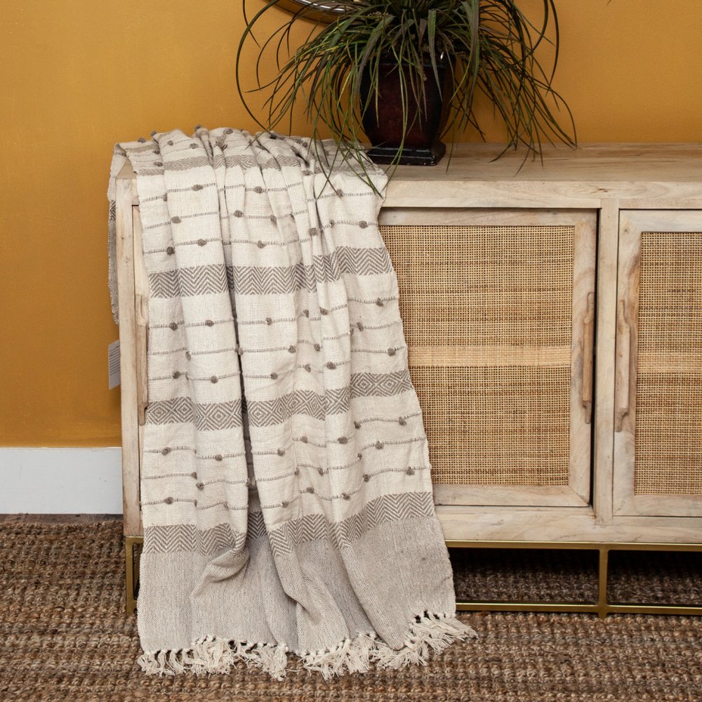 Tufted Beige Fringed Woven Handloom Throw HomeRoots