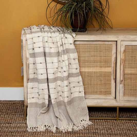 Tufted Beige Fringed Woven Handloom Throw HomeRoots