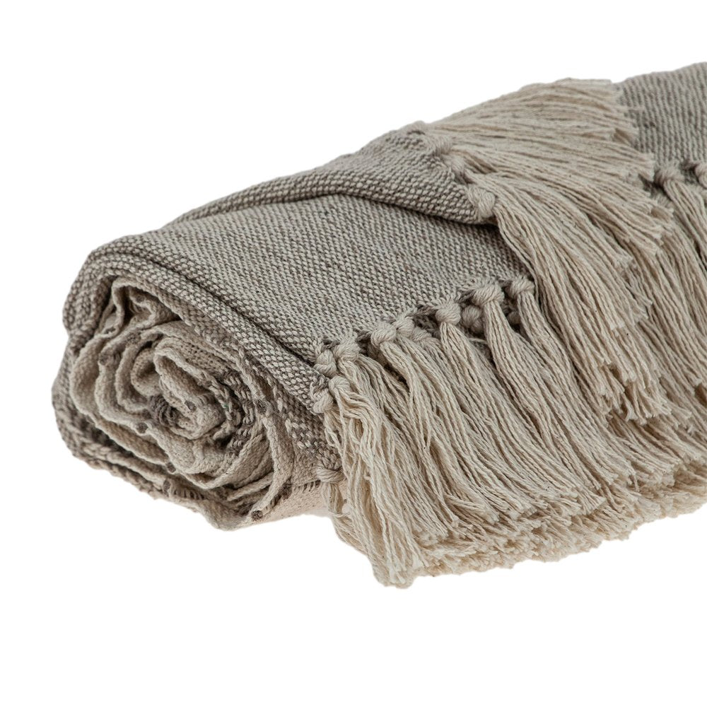 Tufted Beige Fringed Woven Handloom Throw HomeRoots