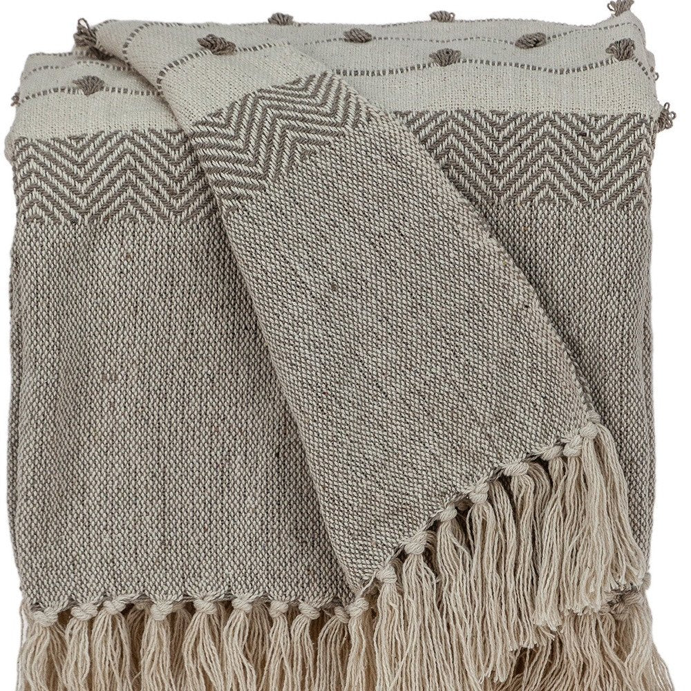 Tufted Beige Fringed Woven Handloom Throw HomeRoots