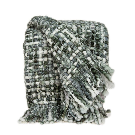 Green and White Knitted Cotton Blend Abstract Throw Blanket with Fringe HomeRoots