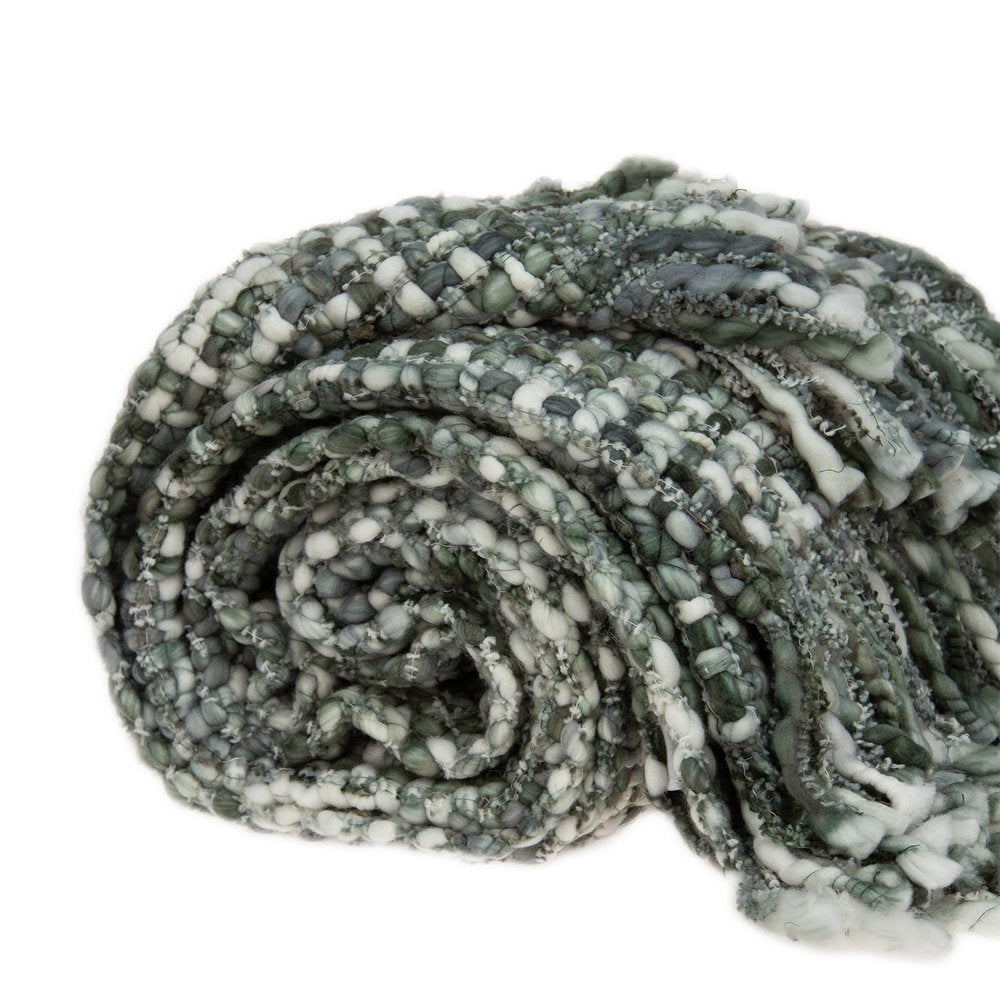 Green and White Knitted Cotton Blend Abstract Throw Blanket with Fringe HomeRoots