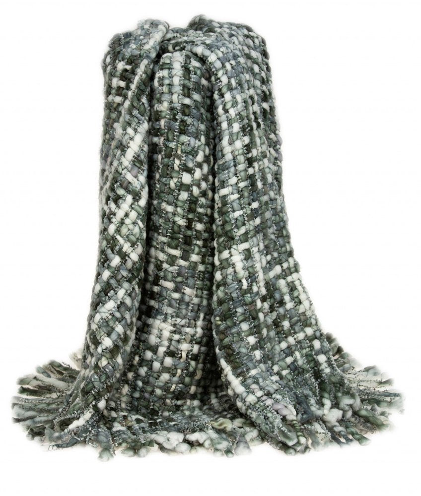Green and White Knitted Cotton Blend Abstract Throw Blanket with Fringe HomeRoots