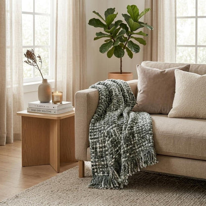 Green and White Knitted Cotton Blend Abstract Throw Blanket with Fringe HomeRoots