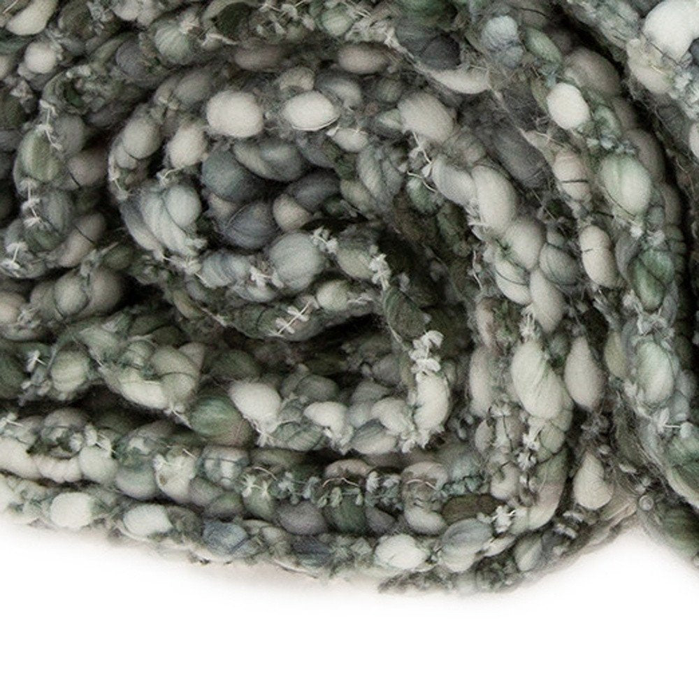 Green and White Knitted Cotton Blend Abstract Throw Blanket with Fringe — view 7