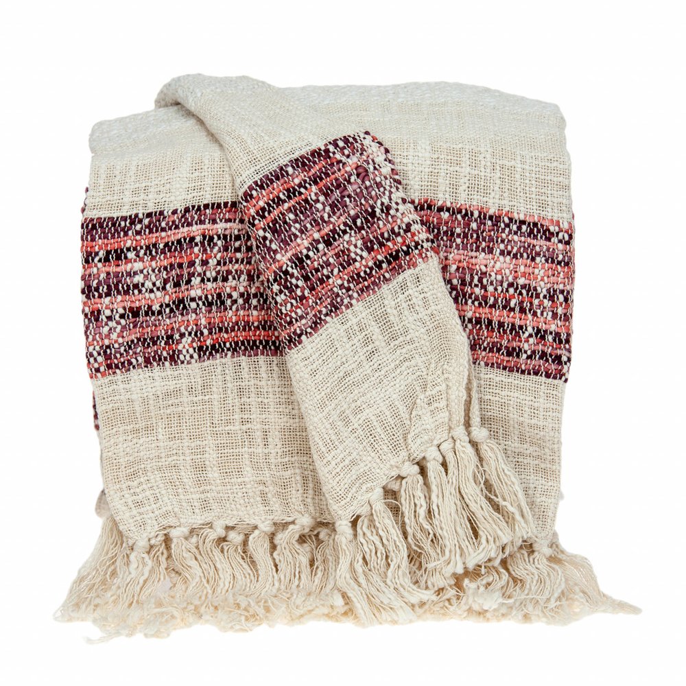 Beige and Shades of Pink Strips Woven Handloom Throw Blanket HomeRoots