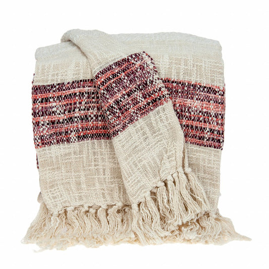 Beige and Shades of Pink Strips Woven Handloom Throw Blanket HomeRoots