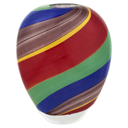 9" Red Blue and Green Striped Murano Style Art Glass Table Vase HomeRoots