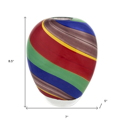 9" Red Blue and Green Striped Murano Style Art Glass Table Vase HomeRoots