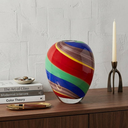 9" Red Blue and Green Striped Murano Style Art Glass Table Vase HomeRoots