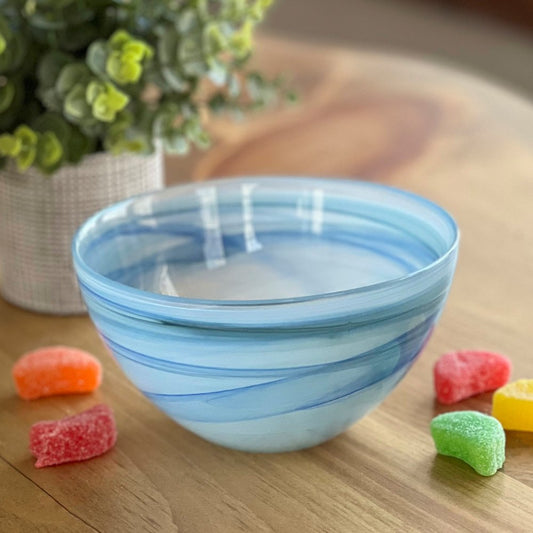 Set of Two 6" Aqua Blue And White Alabaster Glass Round Candy or Nut Bowls HomeRoots