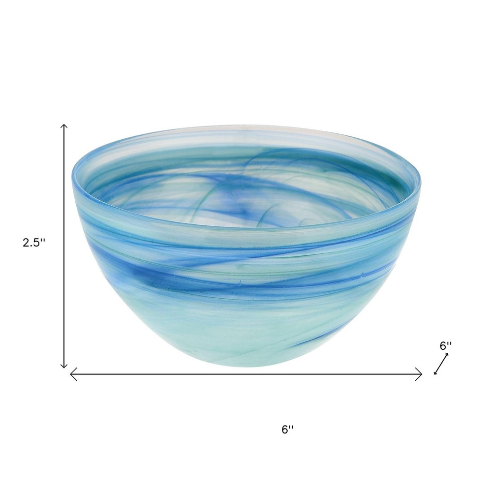 Set of Two 6" Aqua Blue And White Alabaster Glass Round Candy or Nut Bowls HomeRoots