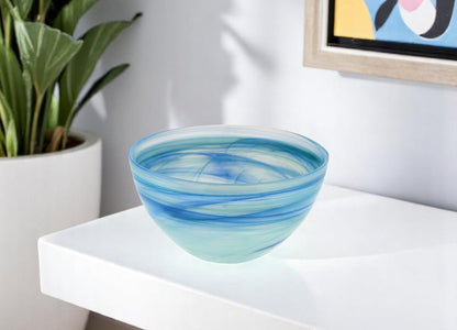 Set of Two 6" Aqua Blue And White Alabaster Glass Round Candy or Nut Bowls HomeRoots