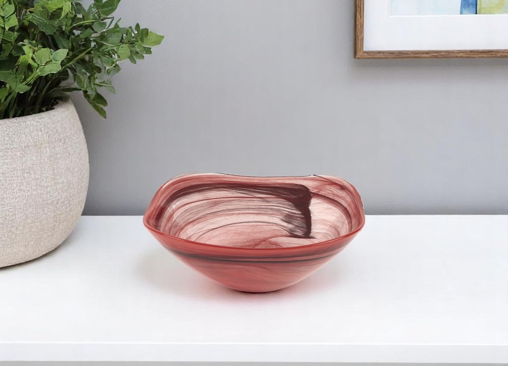 Set of Two 6" Red And White Alabaster Glass Square Salad Bowl HomeRoots