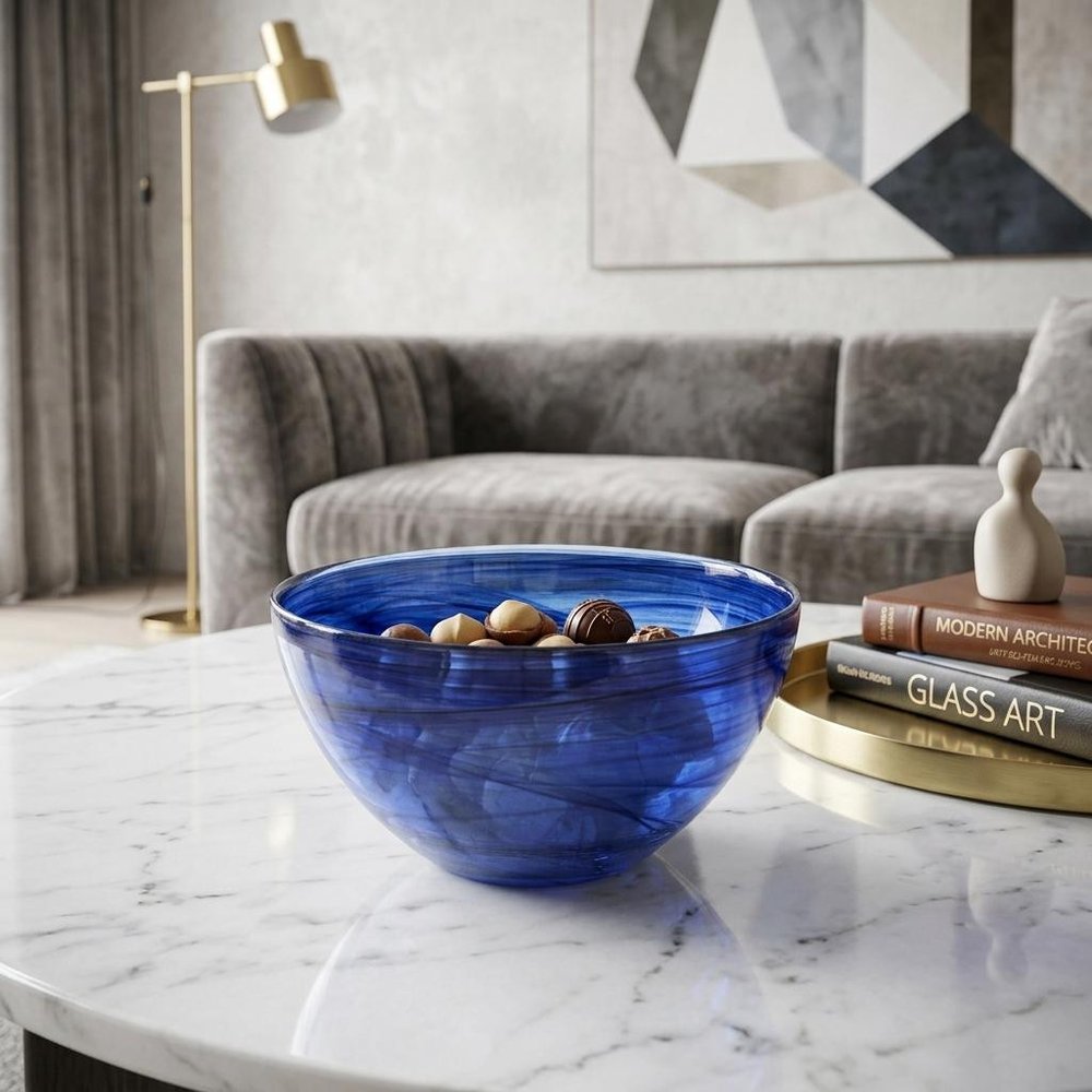 6" Cobalt And White Alabaster Glass Round Candy or Nut Bowl HomeRoots