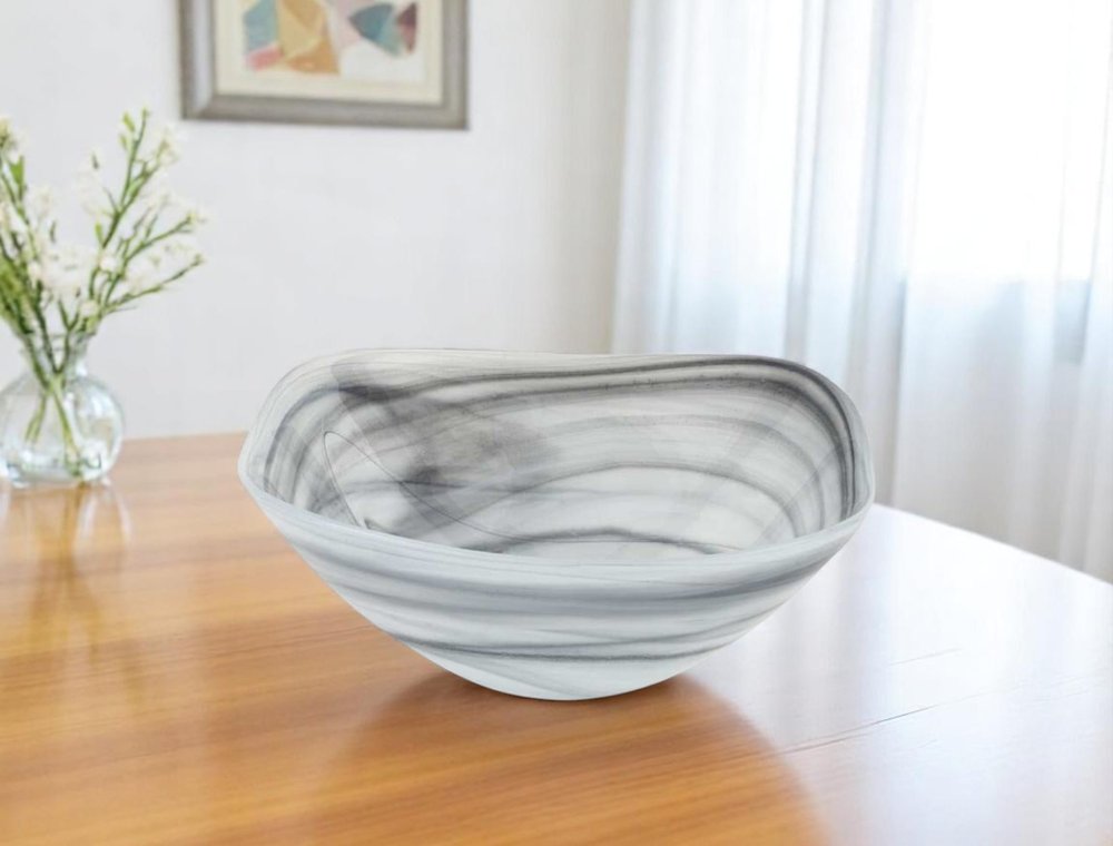 10" Gray And White Alabaster Glass Square Salad Bowl HomeRoots
