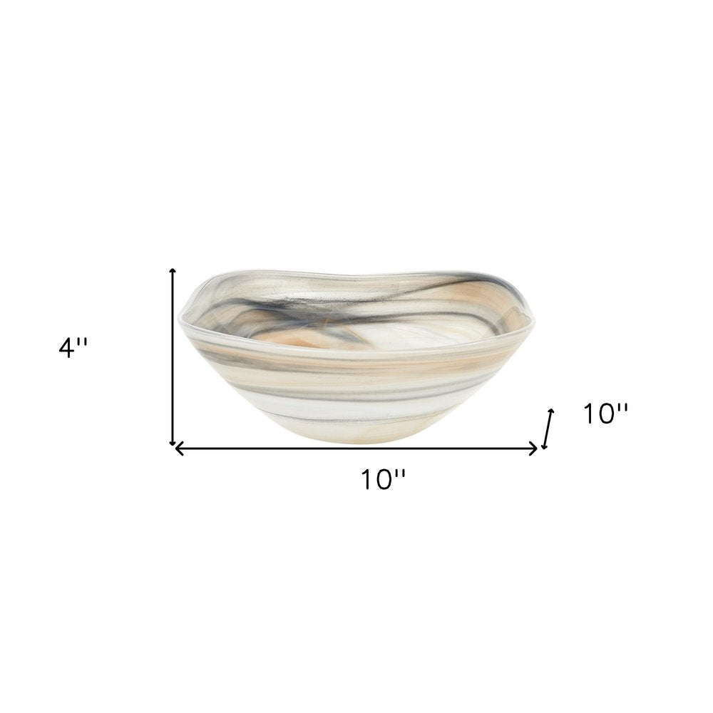 10" Gray Taupe And White Alabaster Glass Square Salad Bowl HomeRoots