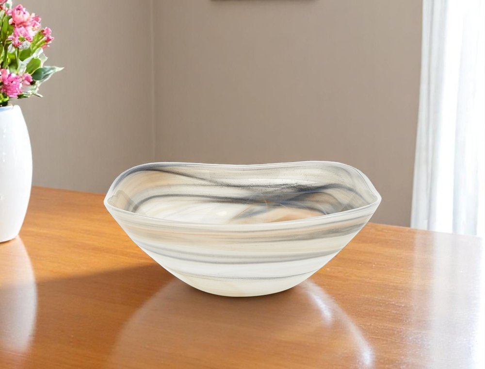 10" Gray Taupe And White Alabaster Glass Square Salad Bowl — view 6