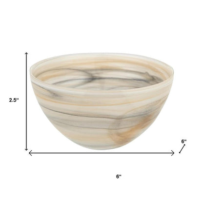 6" Taupe And White Alabaster Glass Round Candy or Nut Bowl HomeRoots