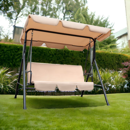 65" Beige Steel Outdoor Swing Chair with Beige Cushion