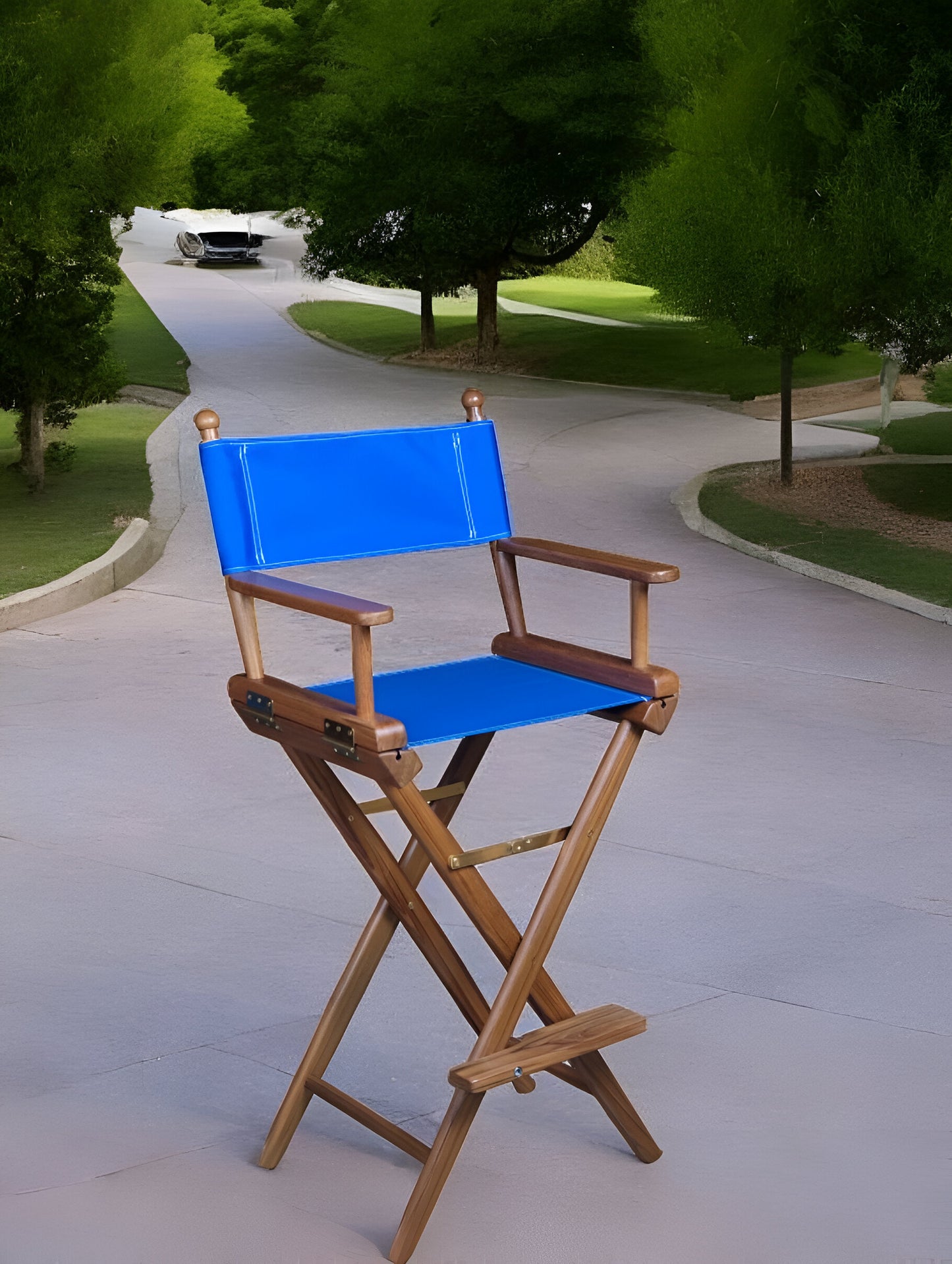 23" Blue and Brown Solid Wood Indoor Outdoor Director Chair