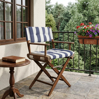 23" Blue and White and Natural Wood Solid Wood Indoor Outdoor Director Chair with Blue and White Cushion HomeRoots