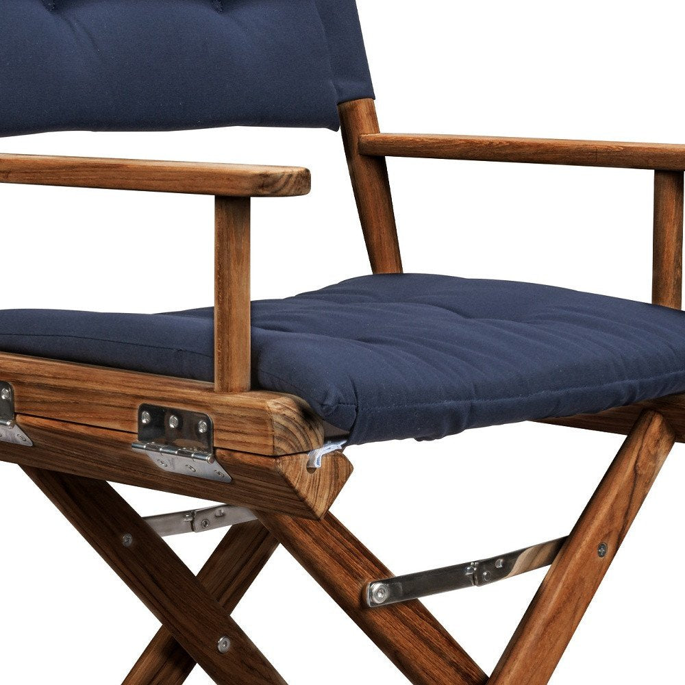 23" Navy Blue and Brown Solid Wood Indoor Outdoor Director Chair with Navy Blue Cushion HomeRoots