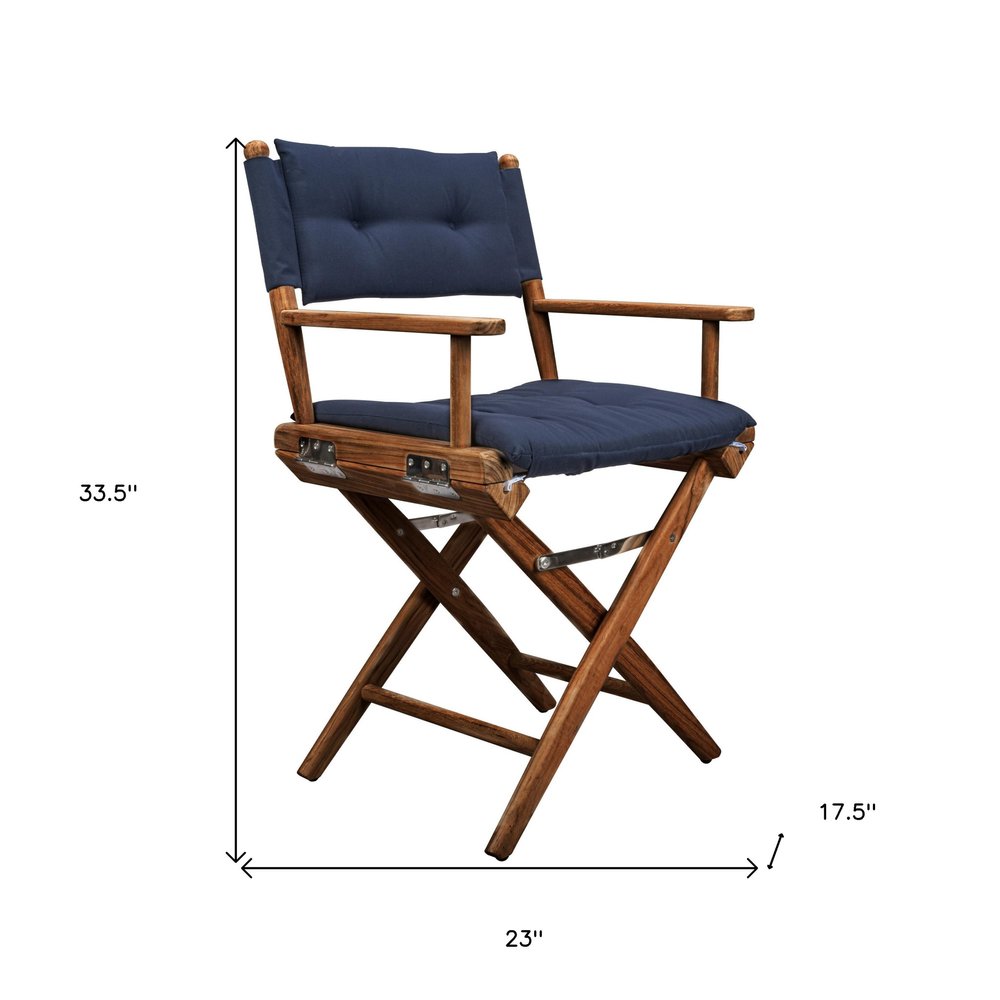 23" Navy Blue and Brown Solid Wood Indoor Outdoor Director Chair with Navy Blue Cushion HomeRoots
