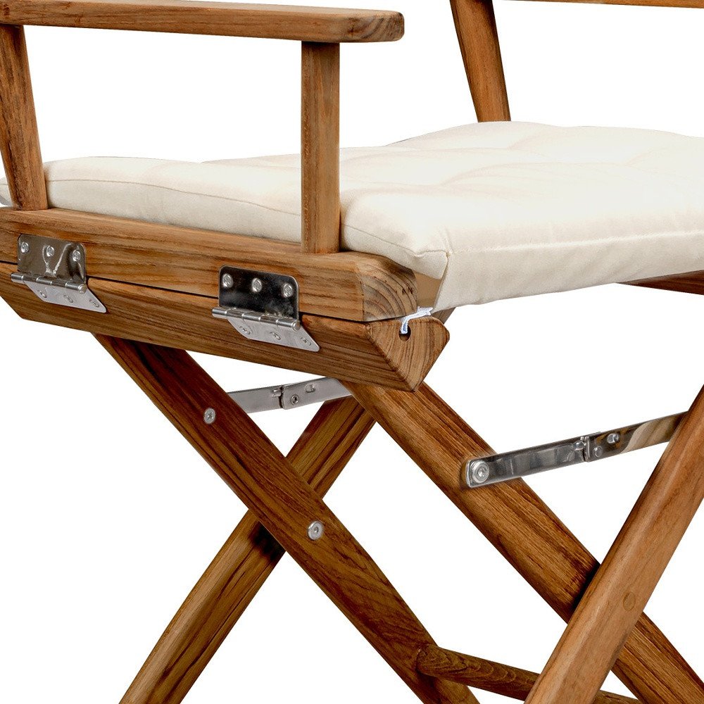 23" Natural Solid Wood Outdoor Folding Director Chair with Cream Cushion HomeRoots