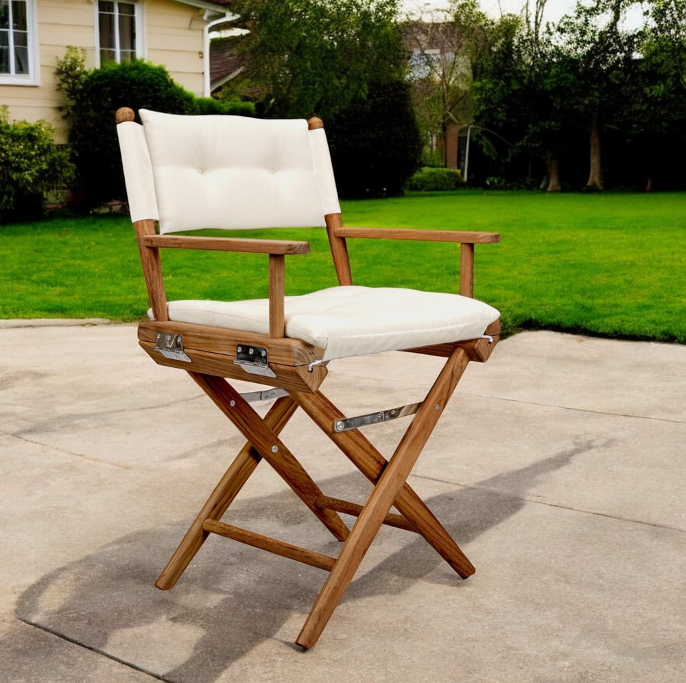 23" Natural Solid Wood Outdoor Folding Director Chair with Cream Cushion HomeRoots