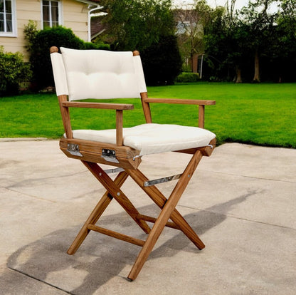 23" Natural Solid Wood Outdoor Folding Director Chair with Cream Cushion HomeRoots
