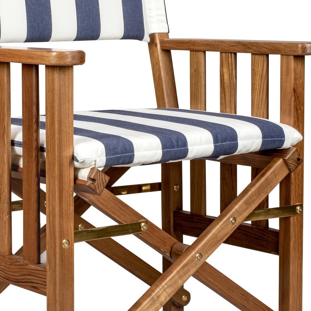 20" Blue and White and Natural Wood Solid Wood Indoor Outdoor Director Chair with Blue and White Cushion HomeRoots