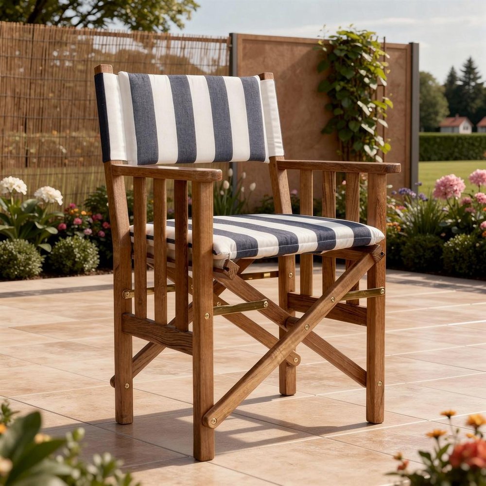 20" Blue and White and Natural Wood Solid Wood Indoor Outdoor Director Chair with Blue and White Cushion HomeRoots