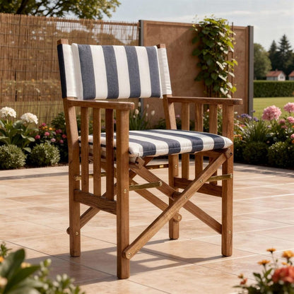 20" Blue and White and Natural Wood Solid Wood Indoor Outdoor Director Chair with Blue and White Cushion HomeRoots
