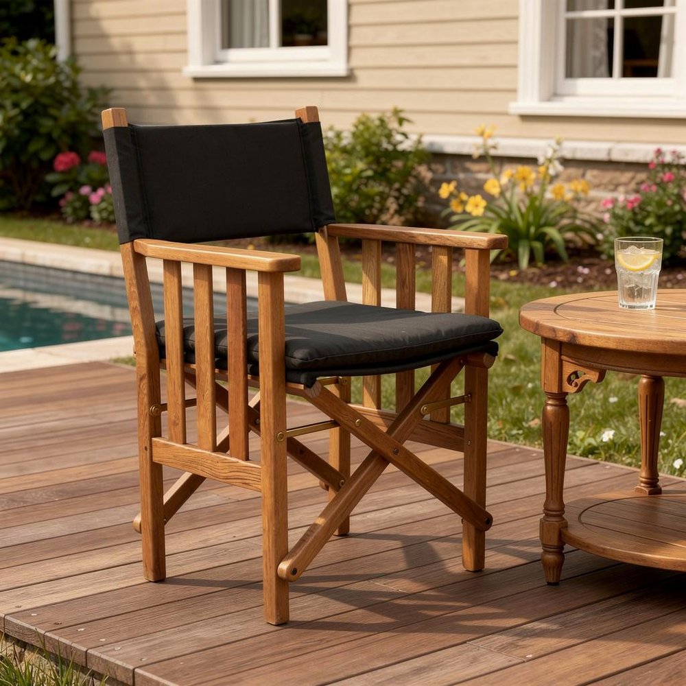 20" Black and Natural Wood Solid Wood Indoor Outdoor Director Chair with Black Cushion HomeRoots