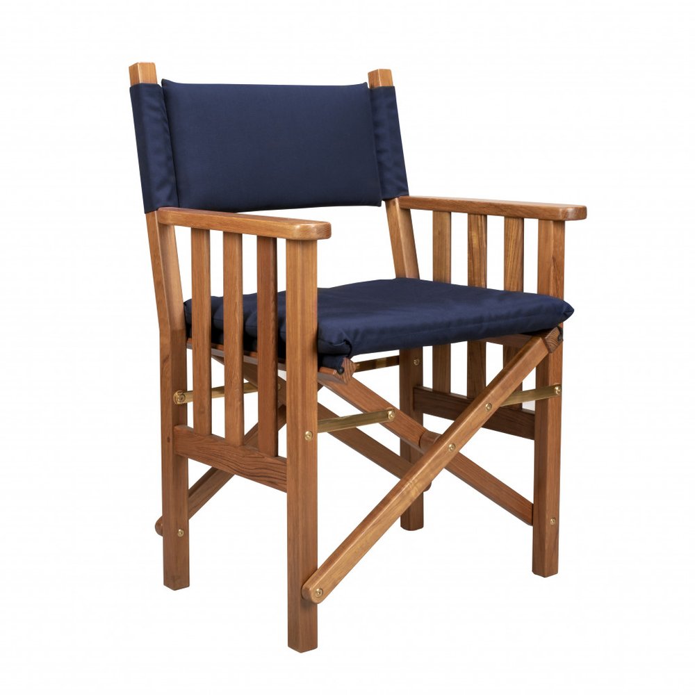 20" Navy Blue and Natural Wood Solid Wood Indoor Outdoor Director Chair with Navy Blue Cushion HomeRoots