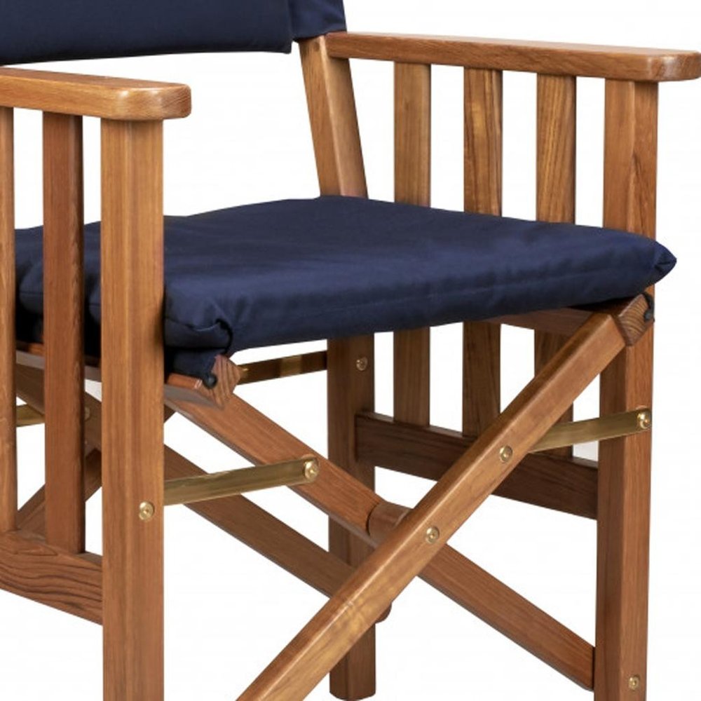 20" Navy Blue and Natural Wood Solid Wood Indoor Outdoor Director Chair with Navy Blue Cushion HomeRoots