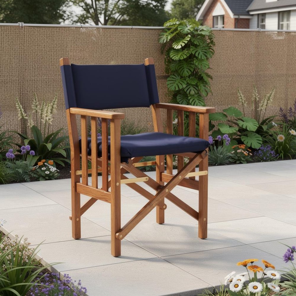 20" Navy Blue and Natural Wood Solid Wood Indoor Outdoor Director Chair with Navy Blue Cushion HomeRoots